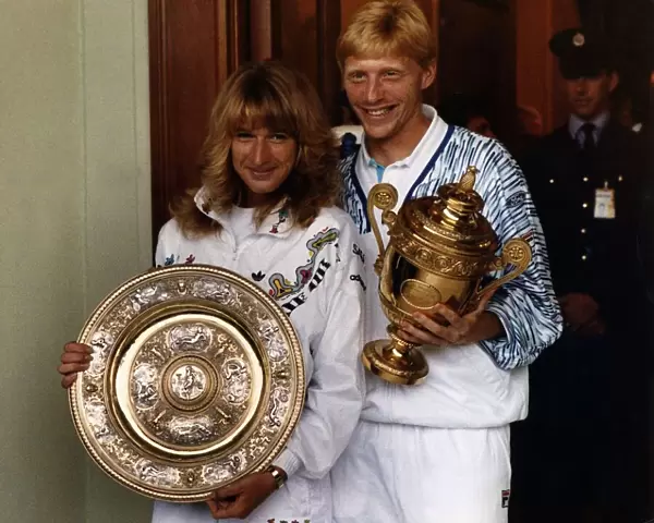 Boris Becker Tennis and Steffi Graf Tennis holding the winning trophies from