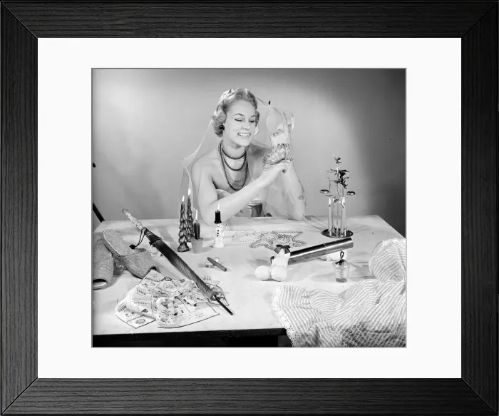 Framed Print : Model Patti Morgan with the must have decorations and gifts for Christmas 1954 Framed Print : Model Patti Morgan with the must have decorations and gifts for Christmas 1954