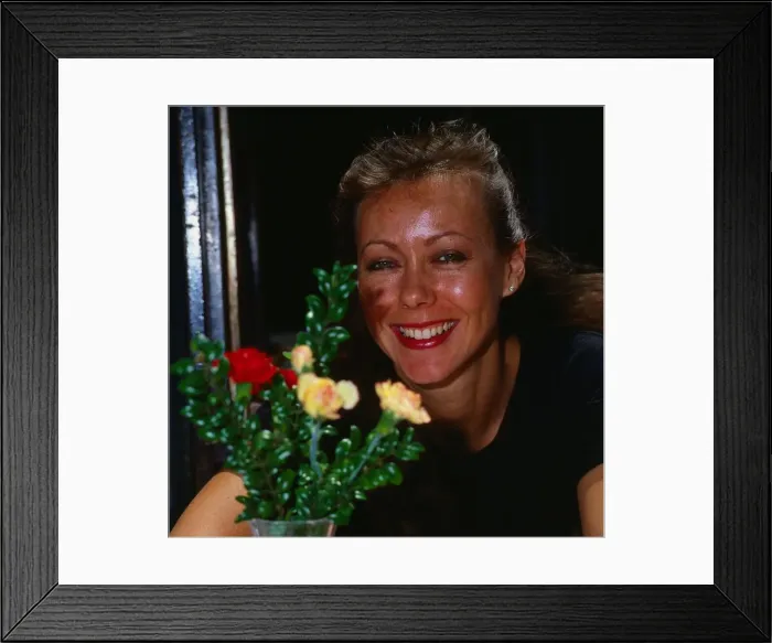 Framed Print : Jenny Agutter sitting at table March 1990