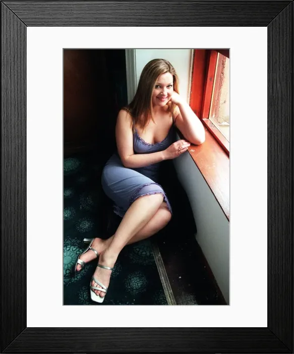 Framed Print : Anne Mitchell Actress June 1999 Sitting at window Low cut blue dress Framed Print : Anne Mitchell Actress June 1999 Sitting at window Low cut blue dress