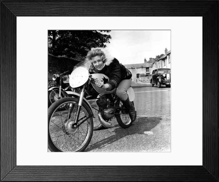 Framed Print : Beryl Swain sitting on a motorbike Framed Print : Beryl Swain sitting on a motorbike