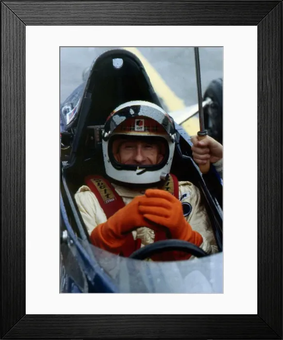 Framed Print : Jackie Stewart sitting in his sons racing car June 1987 Framed Print : Jackie Stewart sitting in his sons racing car June 1987