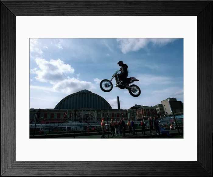Framed Print : Eddie Kidd Stuntman practices his motorcyling jump skills Framed Print : Eddie Kidd Stuntman practices his motorcyling jump skills