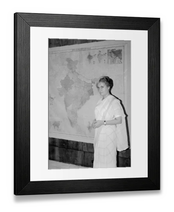 Framed Print : Indian Prime Minister Indira Gandhi seen here in here office in the Parliament building