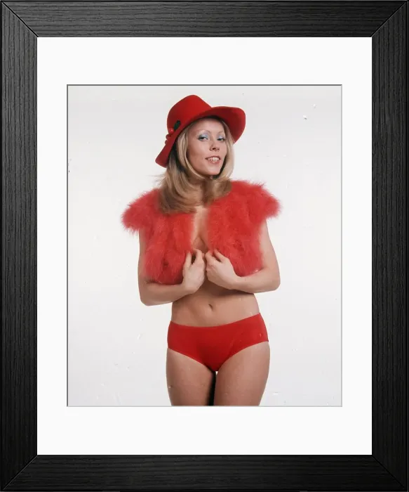 Framed Print : Leena Skoog actress modelling red bikini fur bolero and hat 1973