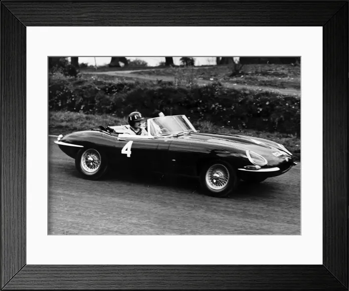 Framed Print : Graham Hill in E Type Jaguar motor racing practice Oulton Park