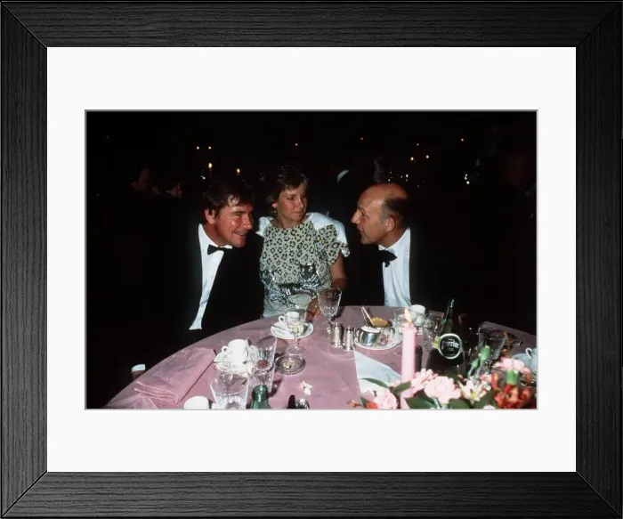 Framed Print : James Hunt racing driver 1987 pictured with Sterling Moss at film premiere of Pontoon Framed Print : James Hunt racing driver 1987 pictured with Sterling Moss at film premiere of Pontoon