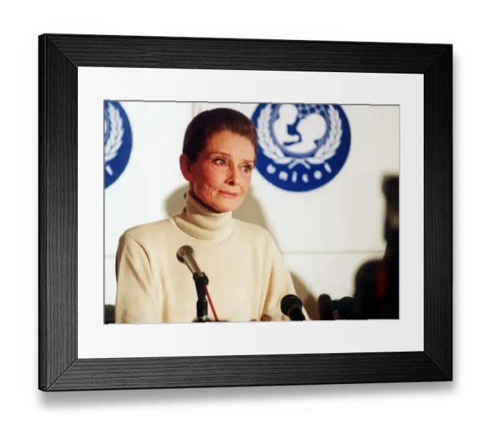 Framed Print : Audrey Hepburn actress speaking at UNICEF. September 1992 Framed Print : Audrey Hepburn actress speaking at UNICEF. September 1992