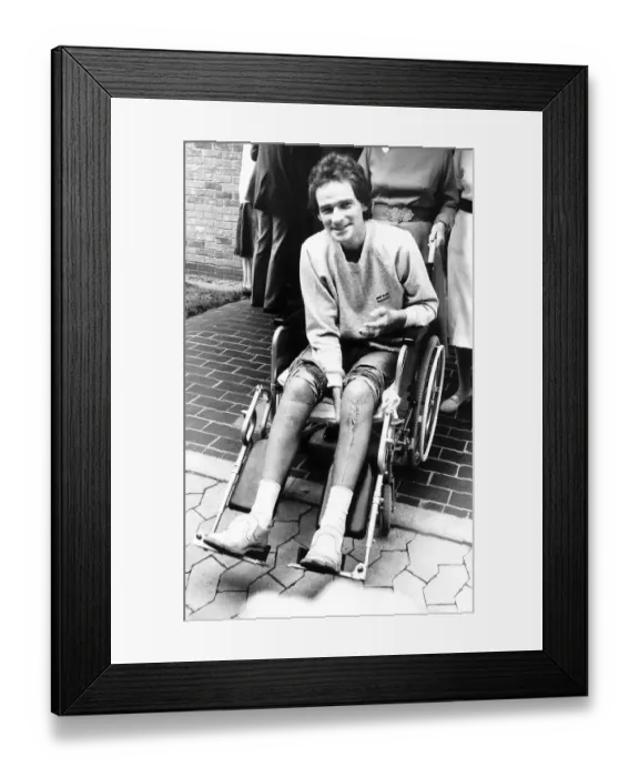 Framed Print : Barry Sheene motorcycle race rider August 1982 leaving Three Shires Hospital in