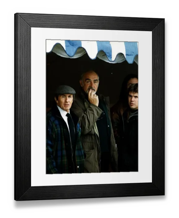 Framed Print : Jackie Stewart with actor Sean Connery at Gleneagles tartan jacket cap