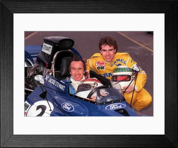 Framed Print : Jackie Stewart with son Paul - Jackie inside car son Paul as side