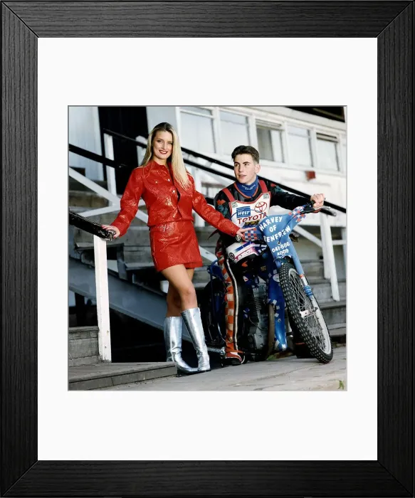 Framed Print : Jill McIntyre Miss Speedway red suit silver boots Framed Print : Jill McIntyre Miss Speedway red suit silver boots