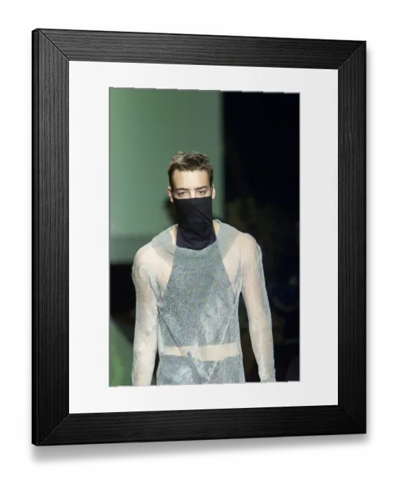 Framed Print : Clothing by Michiko Koshino 1998 modelled by male Model during London Fashion Week