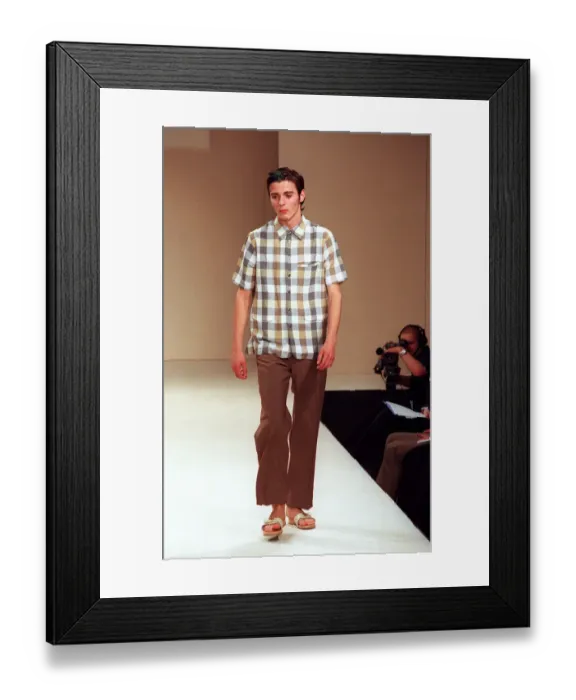Framed Print : Male model on catwalk in Designworks show for mens 1998 fashion week wearing check Framed Print : Male model on catwalk in Designworks show for mens 1998 fashion week wearing check