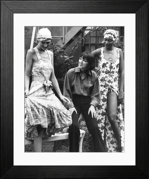 Framed Print : Mary Quant Fashion designer with two models showing off her Spring 1976 collection Framed Print : Mary Quant Fashion designer with two models showing off her Spring 1976 collection
