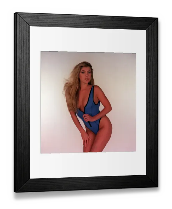 Framed Print : Fashion swimwear January 1993 Model wearing a blue onepiece swimming costume