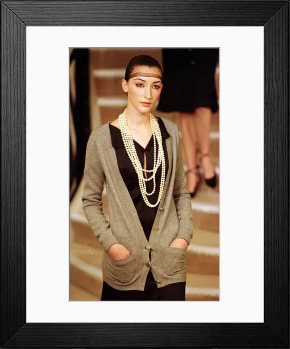 Framed Print : Model wearing Chanel 20 January 1998: wearing hair net Framed Print : Model wearing Chanel 20 January 1998: wearing hair net