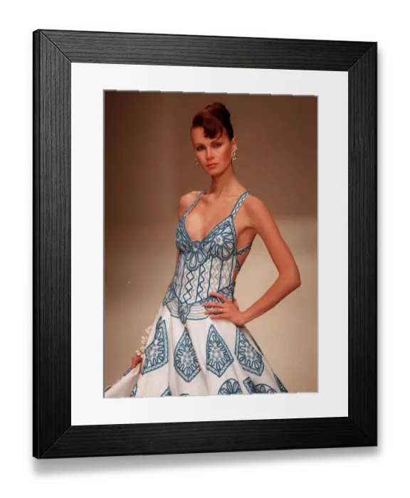 Framed Print : France Paris Fashion Week 1997 with a female model walking on catwalk wearing a Framed Print : France Paris Fashion Week 1997 with a female model walking on catwalk wearing a