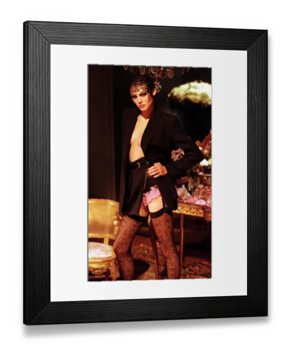 Framed Print : Shirley Mallman at Paris Fashion Week 1997 models a black velvet suit with cameo knickers