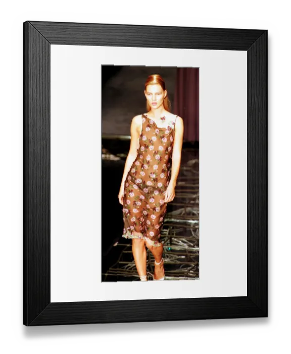 Framed Print : Kate Moss models one of the dresses from the first ever collection designed by Donatella Framed Print : Kate Moss models one of the dresses from the first ever collection designed by Donatella