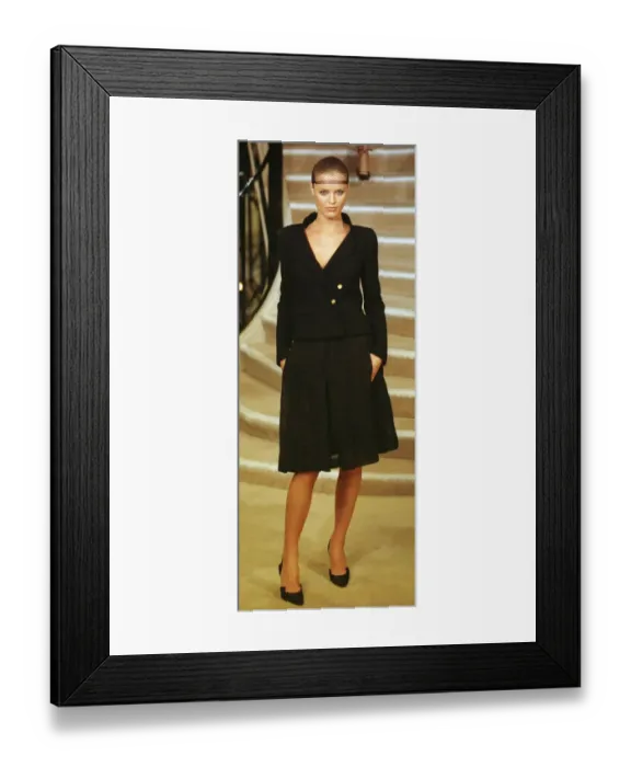 Framed Print : Eva Herzigova wearing Chanel 20 January 1998: wearing hair net and black suit