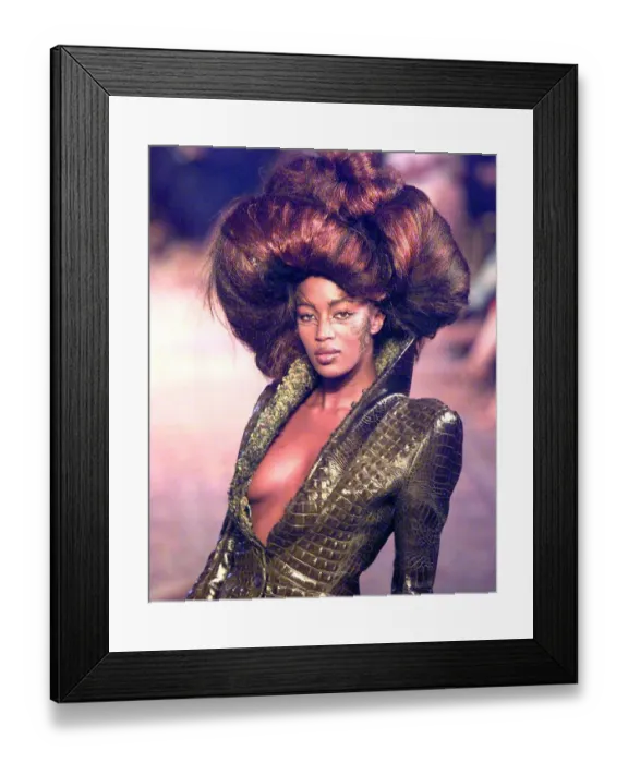 Framed Print : Naomi Campbell at the Paris Fashion Show 1997 wearing Givenchy fashions - a low cut Framed Print : Naomi Campbell at the Paris Fashion Show 1997 wearing Givenchy fashions - a low cut