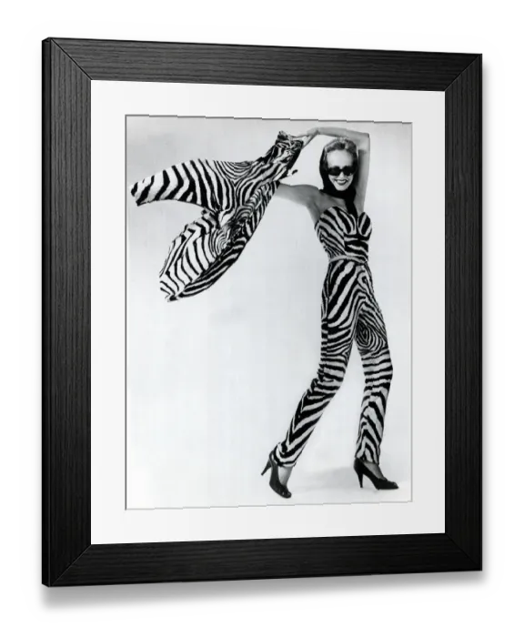 Framed Print : Fashion 1970s Model wearing fake zebra skin trousers with matching bodice and jacket Framed Print : Fashion 1970s Model wearing fake zebra skin trousers with matching bodice and jacket