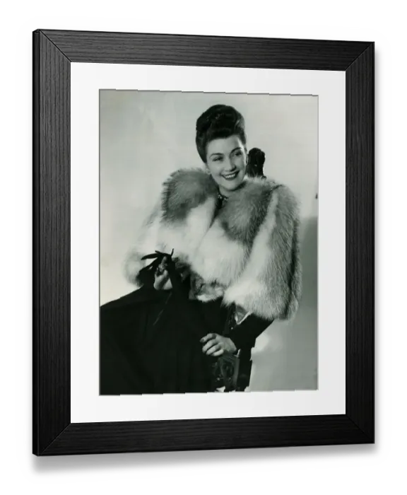 Framed Print : Fashion 1940s Model Platino fox fur coat