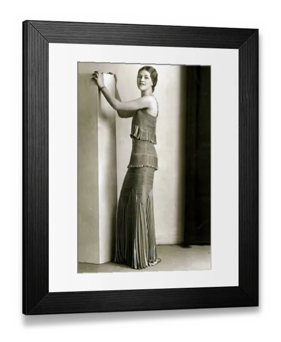 Framed Print : Fashion 1930s Model Long evening gown dress in leaf bud green chiffon with crystal Framed Print : Fashion 1930s Model Long evening gown dress in leaf bud green chiffon with crystal
