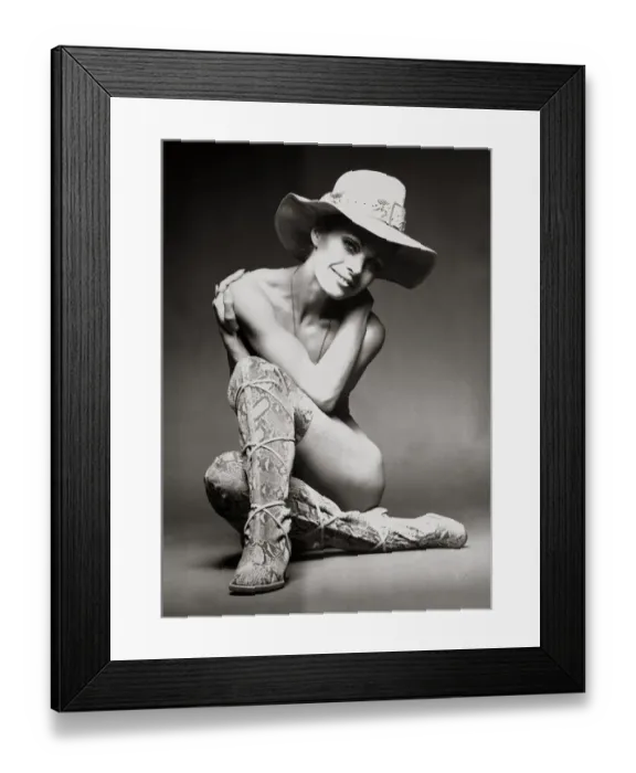 Framed Print : Model Emma Vincent poses wearing python printed suede boots by Gaby