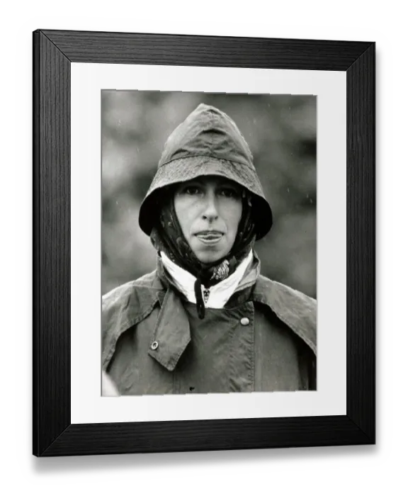 Framed Print : Princess Anne in Wet Weather Rainy rain hood up Windsor Horse Show May Framed Print : Princess Anne in Wet Weather Rainy rain hood up Windsor Horse Show May