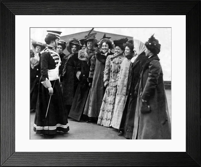 Framed Print : A group of ladies all wearing long coats and hats during an inspection for Whitehall Framed Print : A group of ladies all wearing long coats and hats during an inspection for Whitehall