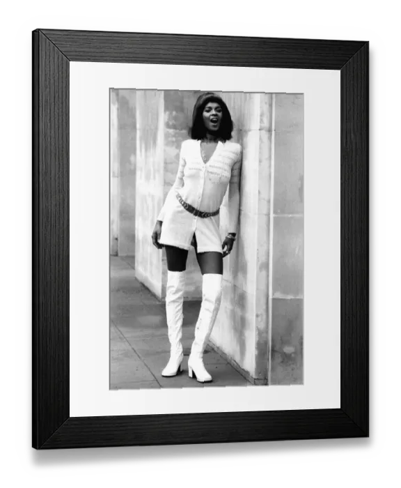 Framed Print : Clothing Fashion Leather White Boots January 1970 Model Jill Paccinopotti wearing