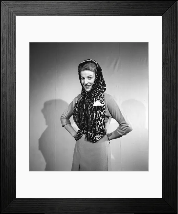 Framed Print : Model wearing a leopard print hooded Fur waistcoat