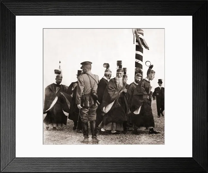 Framed Print : A group of shinto priests seen here on the day of the Mikados funeral in Tokyo