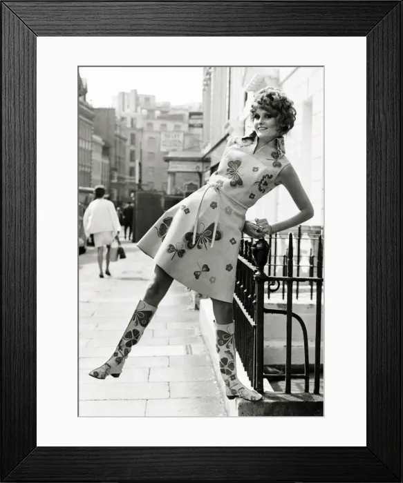 Framed Print : Jillian Garraway wearing a suede dress and matching boots designed by the Royal college Framed Print : Jillian Garraway wearing a suede dress and matching boots designed by the Royal college