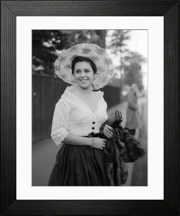 Framed Print : 1953 Clothing Ascot Fashion Hazel Wood-Smith wearing a wide brimmed bonnet style hat Framed Print : 1953 Clothing Ascot Fashion Hazel Wood-Smith wearing a wide brimmed bonnet style hat