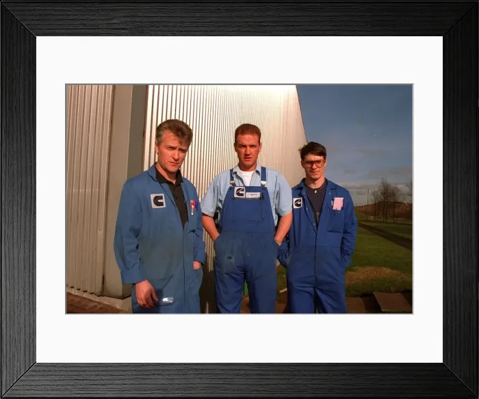 Framed Print : Cummins factory at Shotts with Rab Stewart Tam McNicol and James Wilson who will lose Framed Print : Cummins factory at Shotts with Rab Stewart Tam McNicol and James Wilson who will lose