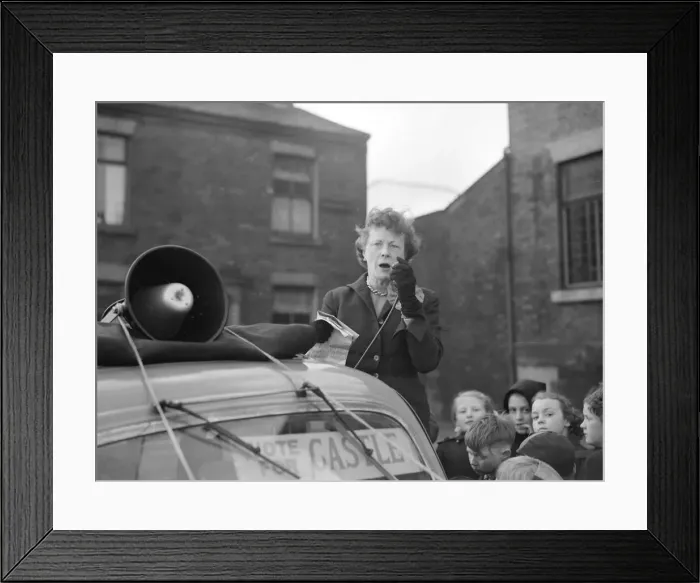 Framed Print : Barbara Castle labour candidate for Blackburn talks through a tannoy speaker on top of a Framed Print : Barbara Castle labour candidate for Blackburn talks through a tannoy speaker on top of a