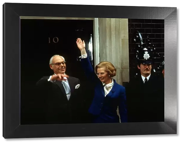 Newly elected Prime Minister Margaret Thatcher arrives at Downing Street with husband