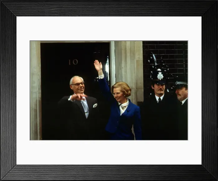 Framed Print : Newly elected Prime Minister Margaret Thatcher arrives at Downing Street with husband