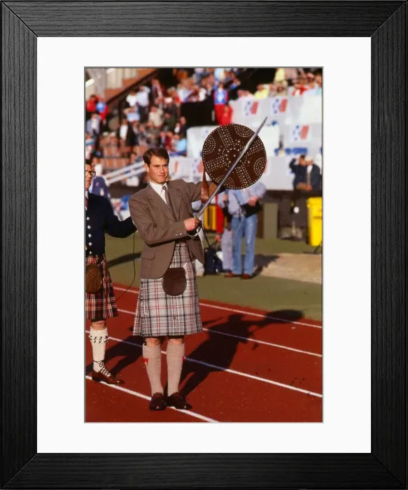Framed Print : Prince Edward opens the Commonwealth Highland July 1986 games claymore shield kilt tartan Framed Print : Prince Edward opens the Commonwealth Highland July 1986 games claymore shield kilt tartan