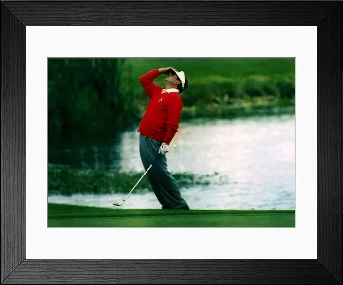 Framed Print : Constantino Rocca Italian golfer red jumper grey trousers holding golf club hand raised