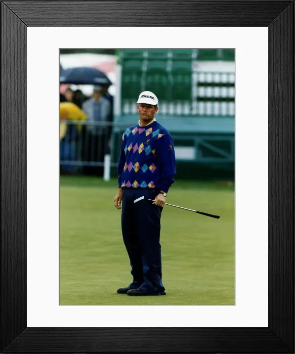 Framed Print : Sandy Lyle Golfer standing on green holding putter club golf Framed Print : Sandy Lyle Golfer standing on green holding putter club golf