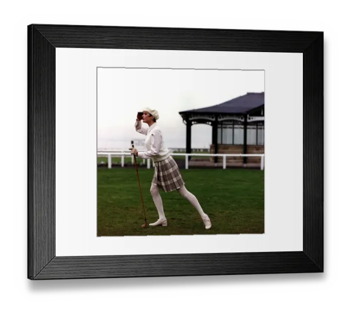 Framed Print : Golf Fashion cream hat waistcoat white blouse tartn mini kilt Framed Print : Golf Fashion cream hat waistcoat white blouse tartn mini kilt
