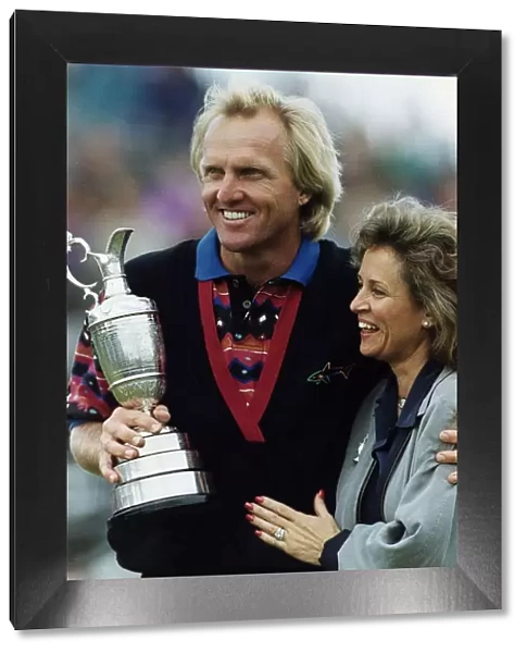 Greg Norman with his wife Laura holding the British Golf Open trophy
