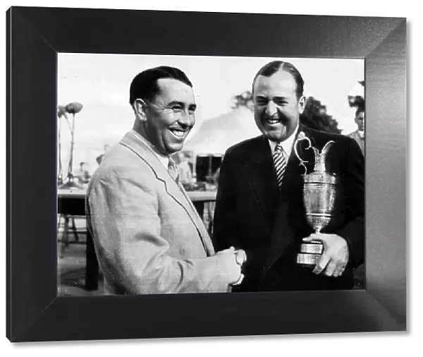 Bobby Locke golfer being congratulated by runner up Harry Bradshaw