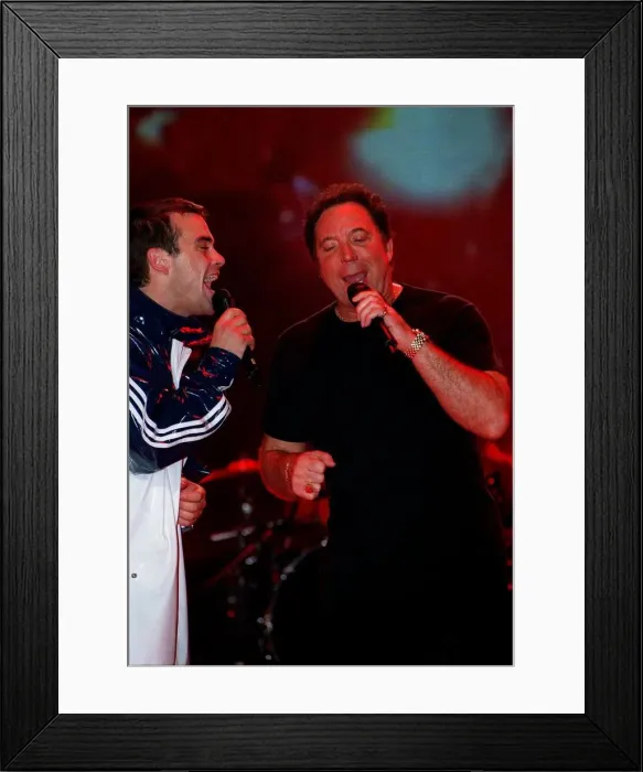 Framed Print : Robbie Williams and Tom Jones February 1998 Rehearsing their act on stage for