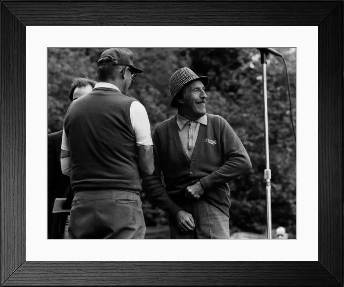 Framed Print : Bruce Forsyth entertainer adjusts his trouser zip at pro celebrity golf day in front of