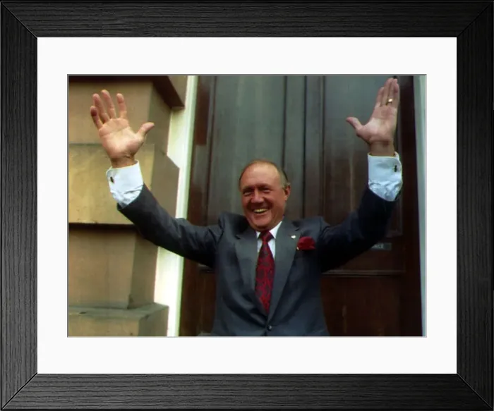 Framed Print : Stuart Hall TV Presenter happy after a not guilty at court Framed Print : Stuart Hall TV Presenter happy after a not guilty at court